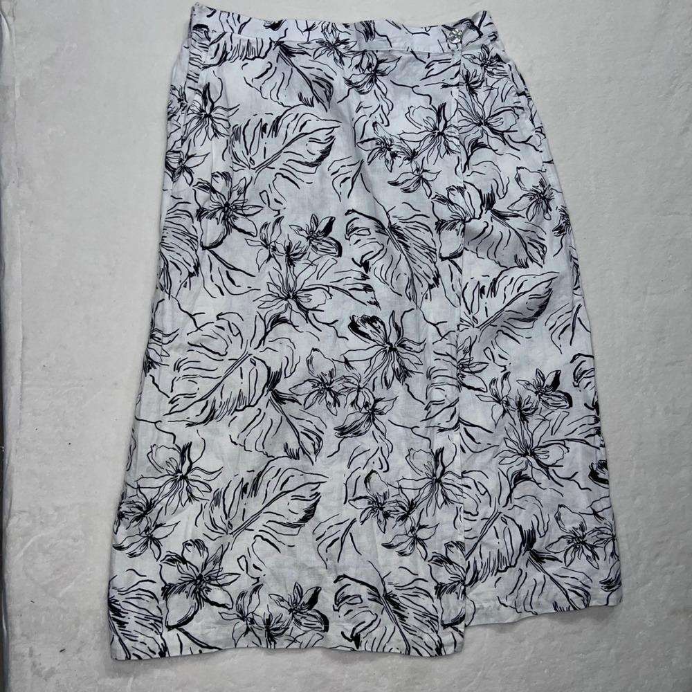 Joie Womens XL Linen Blend‎ Tropical Floral Wrap Midi Skirt White Black Print